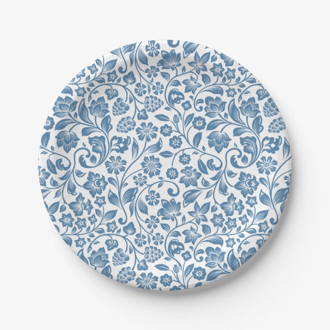 Ornate Blue and White Floral Vines Pattern Paper Plate (Front)
