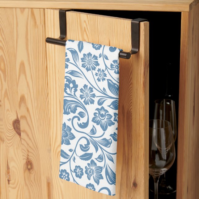 Ornate Blue and White Floral Vines Pattern Tea Towel (Thirds Fold)