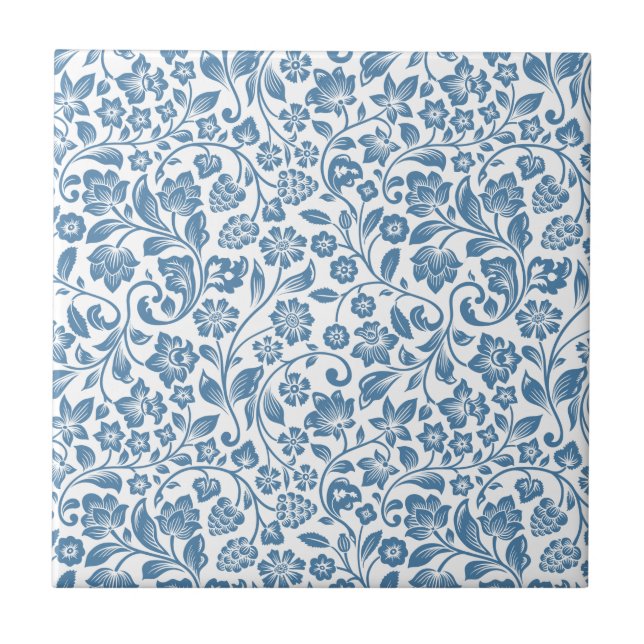 Ornate Blue and White Floral Vines Pattern Tile (Front)