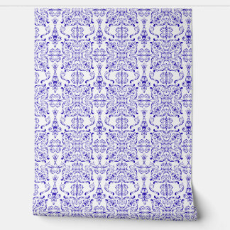 Ornate Blue and White Mediterranean Wallpaper