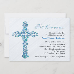 Ornate Blue Cross, First Communion Invitation
