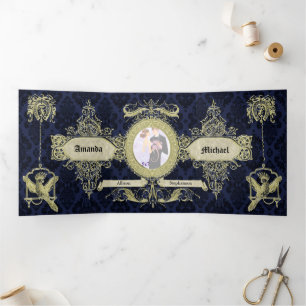 Ornate Blue Damask Vintage Wedding Tri-Fold Invitation