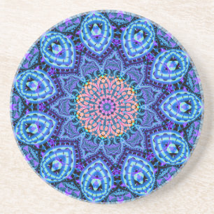 Ornate Blue Flower Vibrations Kaleidoscope Art Coaster