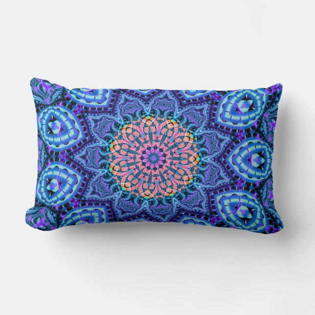Ornate Blue Flower Vibrations Kaleidoscope Art Lumbar Cushion (Front)