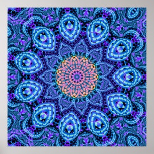 Ornate Blue Flower Vibrations Kaleidoscope Art Poster