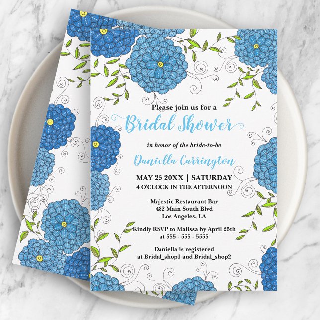 Ornate Blue Flowers and Green Leaves Bridal Shower Invitation (Creator Uploaded)