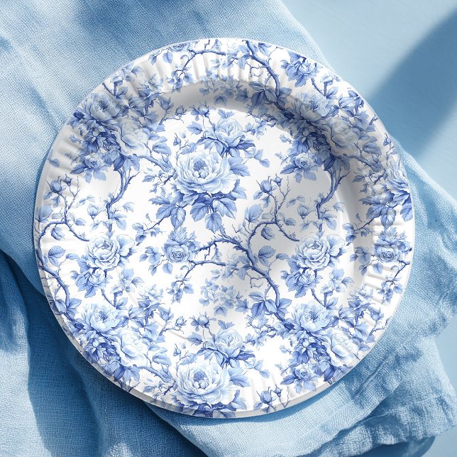 Ornate Blue French Toile Roses Floral Paper Plates (Ornate Blue French Toile Roses Floral Paper Plates)