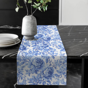 Ornate Blue French Toile Roses Floral Table Runner