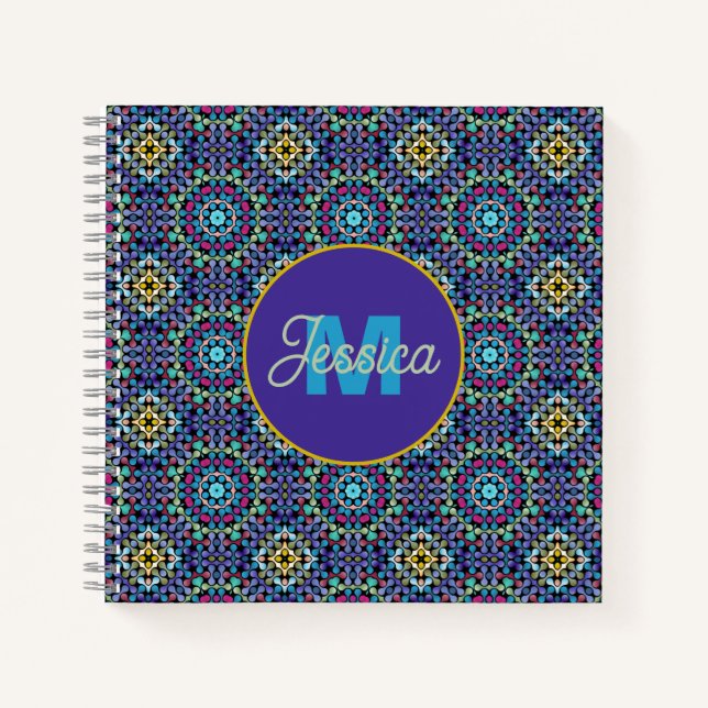 Ornate Blue Geometric Mosaic Pattern Personalised Notebook (Front)