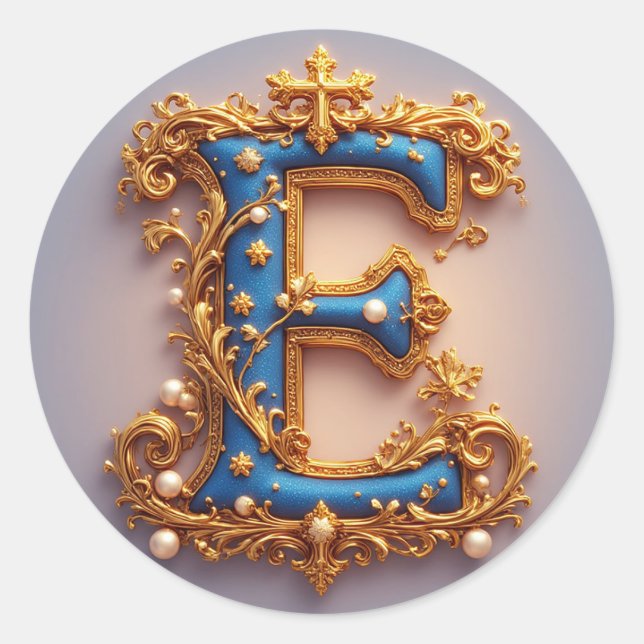 Ornate Blue Letter E Classic Round Sticker (Front)