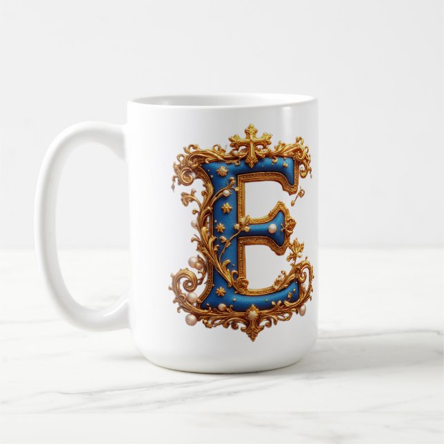 Ornate Blue Letter E Coffee Mug (Left)