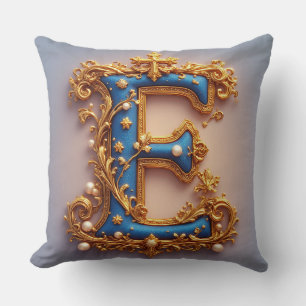 Ornate Blue Letter E Cushion