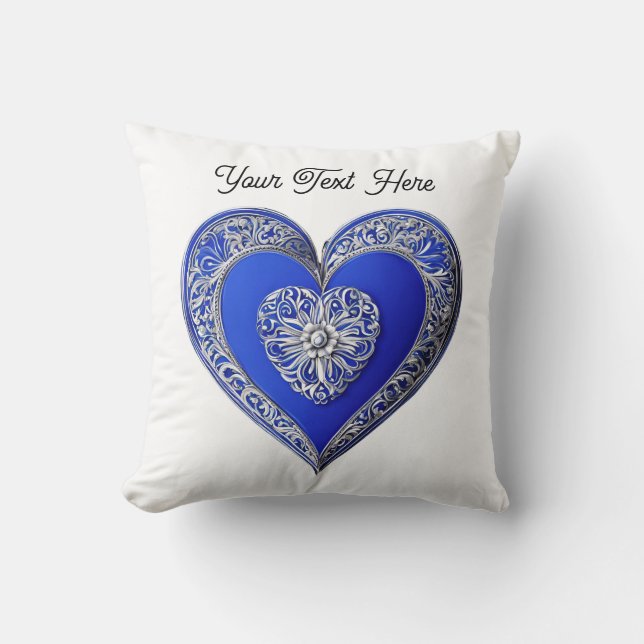 Ornate Blue Love Heart Romantic Custom Text Cushion (Front)