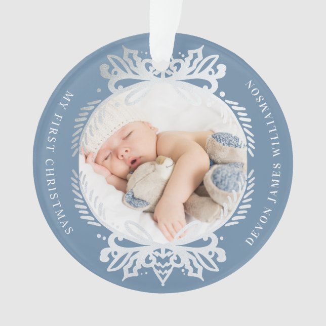 Ornate Blue & Silver Crest Baby's First Christmas Ornament (Front)