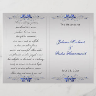 Ornate Blue Silver Floral Swirls Wedding Program