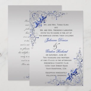 Ornate Blue Silver Floral Swirls Weddings Invitation