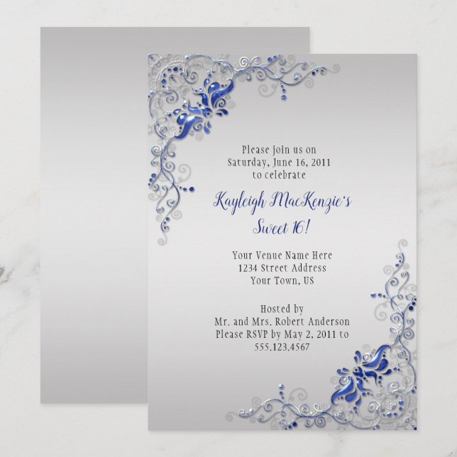 Ornate Blue Silver Swirls on Silver Sweet 16 Invitation (Front/Back)