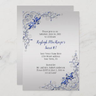 Ornate Blue Silver Swirls on Silver Sweet 16 Invitation