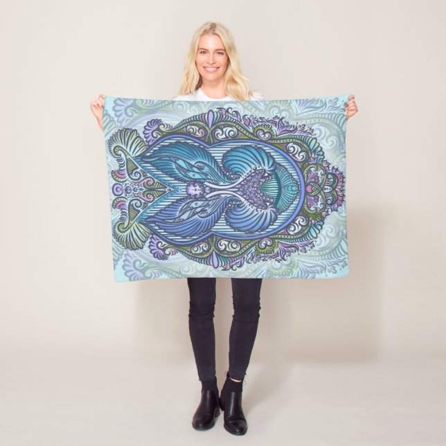 Ornate Blue & Teal Mandala Design Fleece Blanket (In Situ)