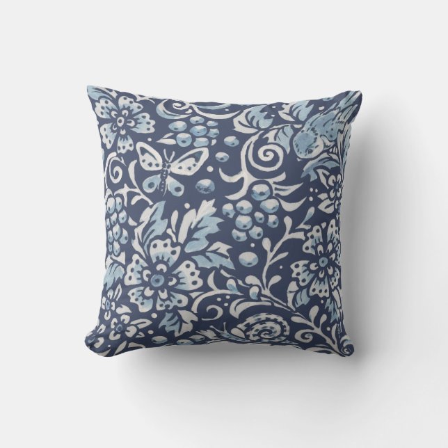 Ornate Blue White Forest Bird Butterfly Woodland Cushion (Front)