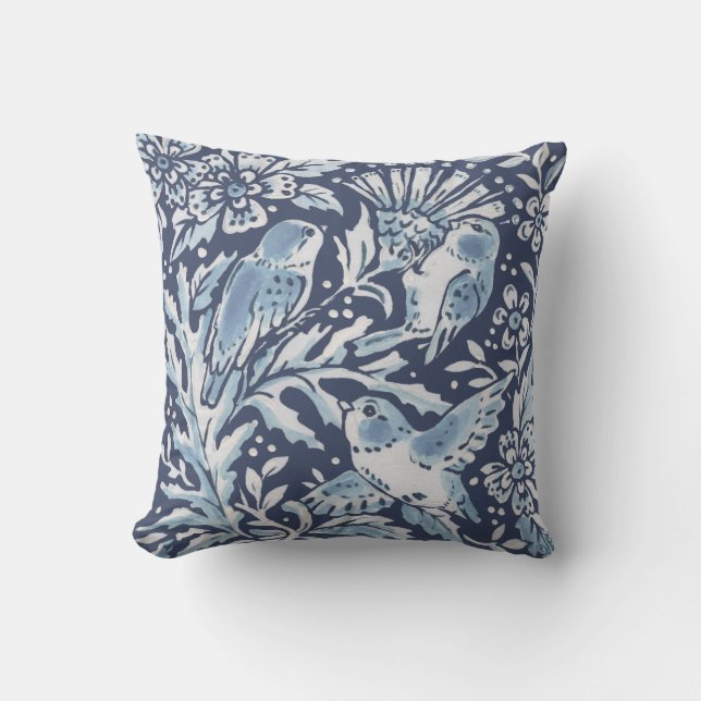 Ornate Blue White Forest Birds Thistle Woodland Cushion (Front)