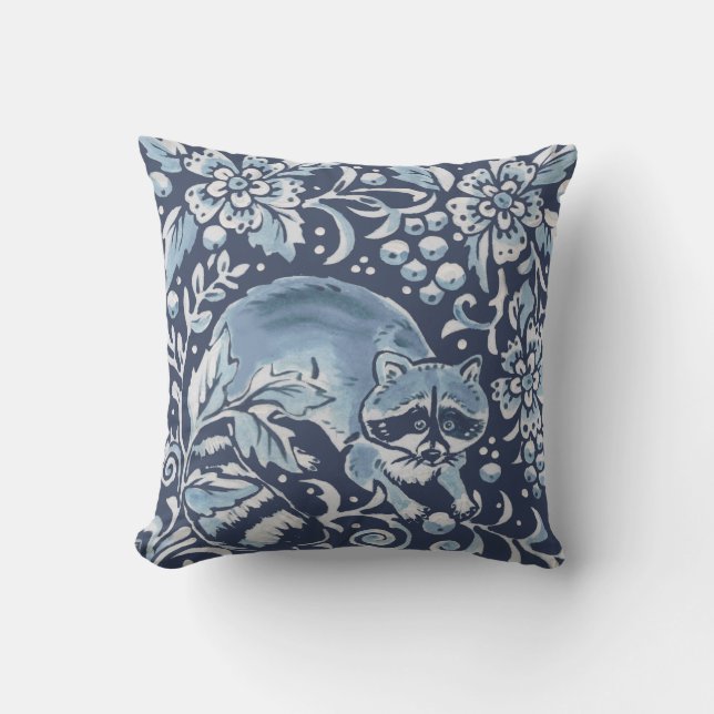 Ornate Blue White Forest Racoon Berries Woodland Cushion (Front)