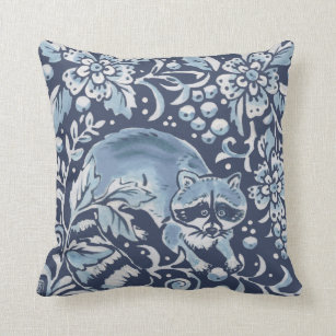 Ornate Blue White Forest Racoon Berries Woodland Cushion