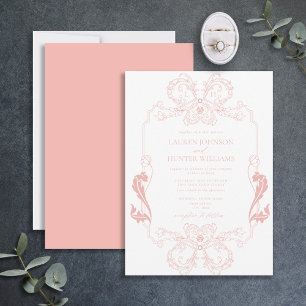 Ornate Blush Pink Floral Line Art Monogram Wedding Invitation