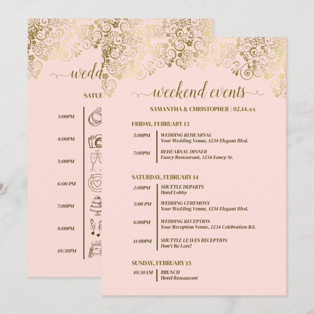 Ornate Blush Pink & Gold Wedding Events & Timeline Programme (Front/Back)