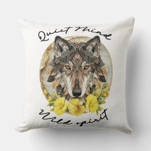 Ornate Boho Wolf with Yellow Flowers Cushion