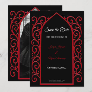 Ornate border black and red wedding save the date announcement