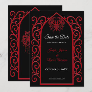 Ornate border black and red wedding save the date announcement