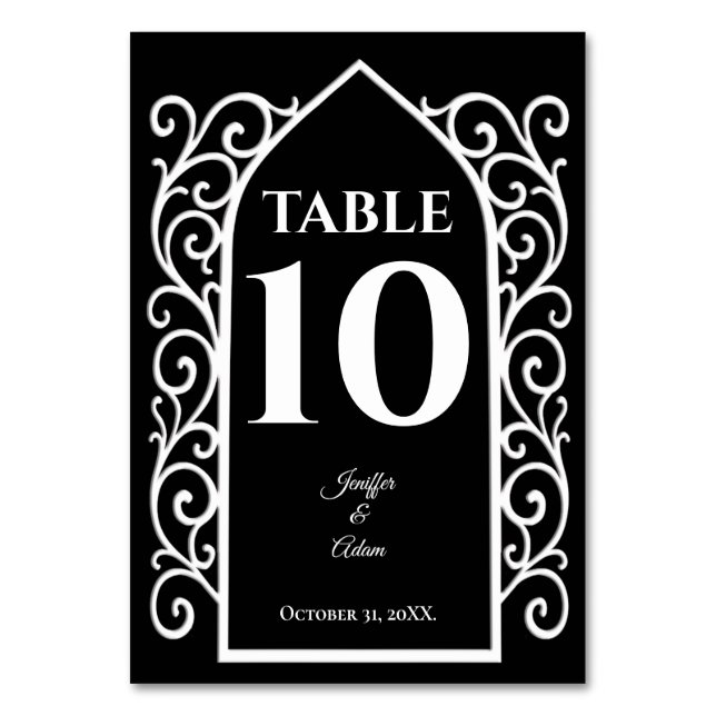 Ornate border black and white Gothic Wedding Table Number (Front)