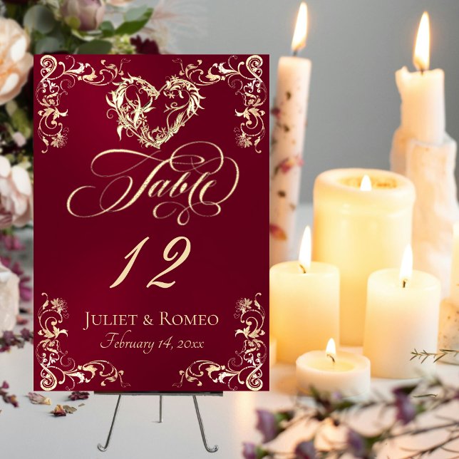 Ornate Border & Heart - Burgundy Table Number (Creator Uploaded)