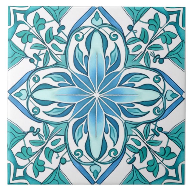 Ornate Botanical Blue Green Mediterranean Azulejo Tile (Front)