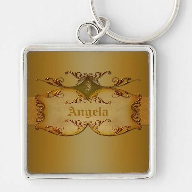 Ornate Brown Scrolls Monogrammed Keychain (Front)