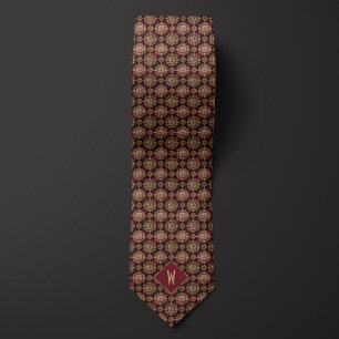 Ornate Burgundy and Gold Mandala Monogram Tie