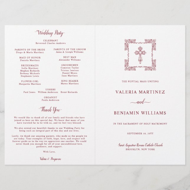 Ornate Burgundy Catholic Wedding Mass Program (Front)