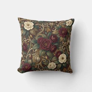 Ornate Burgundy Floral and Gold Lantern Vintage Cushion