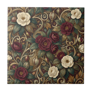 Ornate Burgundy Floral and Gold Lantern Vintage  Tile