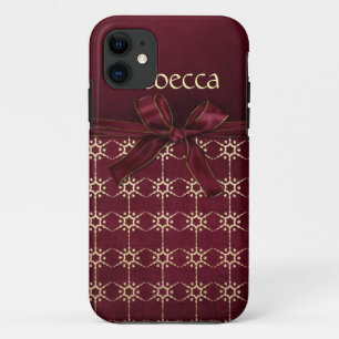 Ornate Burgundy Gold Pattern Ribbon Bow iPhone 11 Case