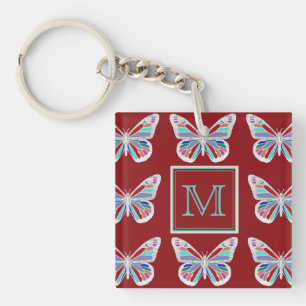 Ornate Butterflies Burgundy Pattern Monogram Key Ring