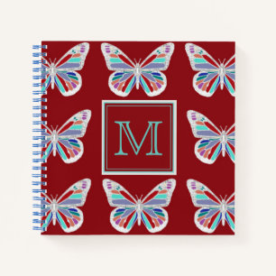 Ornate Butterflies Burgundy Pattern Monogram Notebook