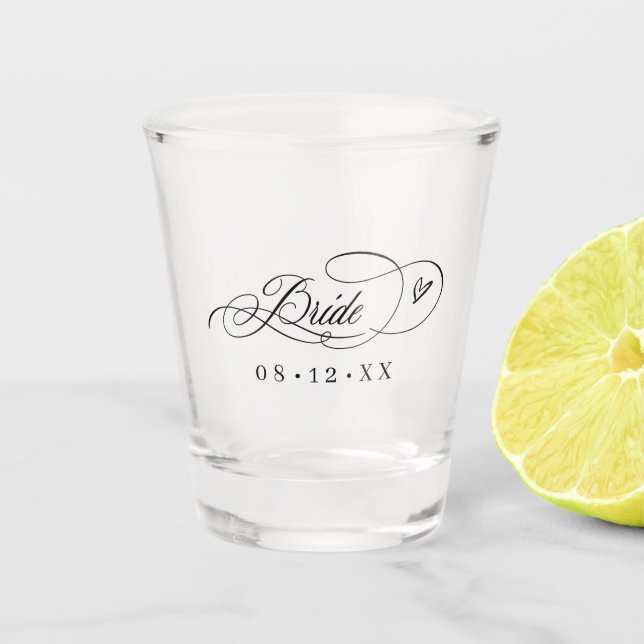 Ornate Calligraphy Hearts Bride ID1025 Shot Glass (Front)