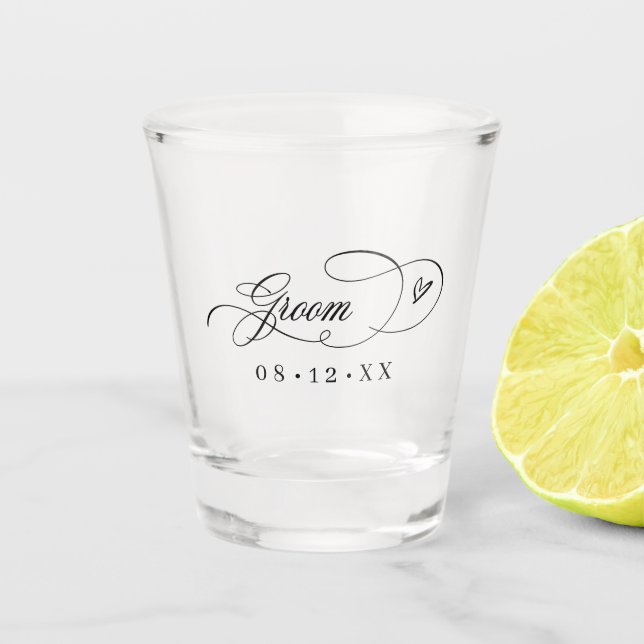 Ornate Calligraphy Hearts Groom ID1025 Shot Glass (Front)