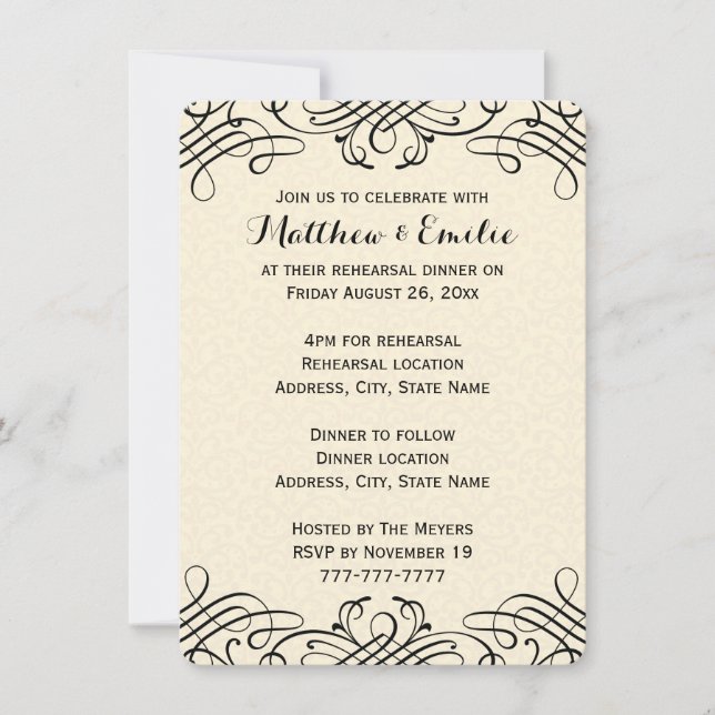Ornate Calligraphy Rehearsal Dinner Invitation (Front)