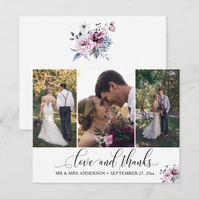 Ornate Calligraphy Thank You 3-Photo Wedding Card (Front/Back)