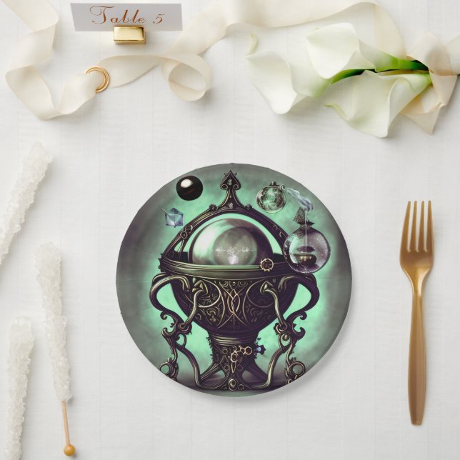 Ornate Cauldron with Green Crystal Ball and Orbs Paper Plate (Wedding)