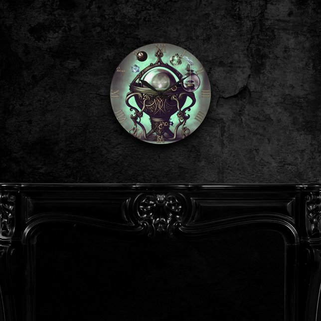 Ornate Cauldron with Green Crystal Ball and Orbs Round Clock (Creator Uploaded)