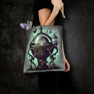 Ornate Cauldron with Green Crystal Ball and Orbs Tote Bag